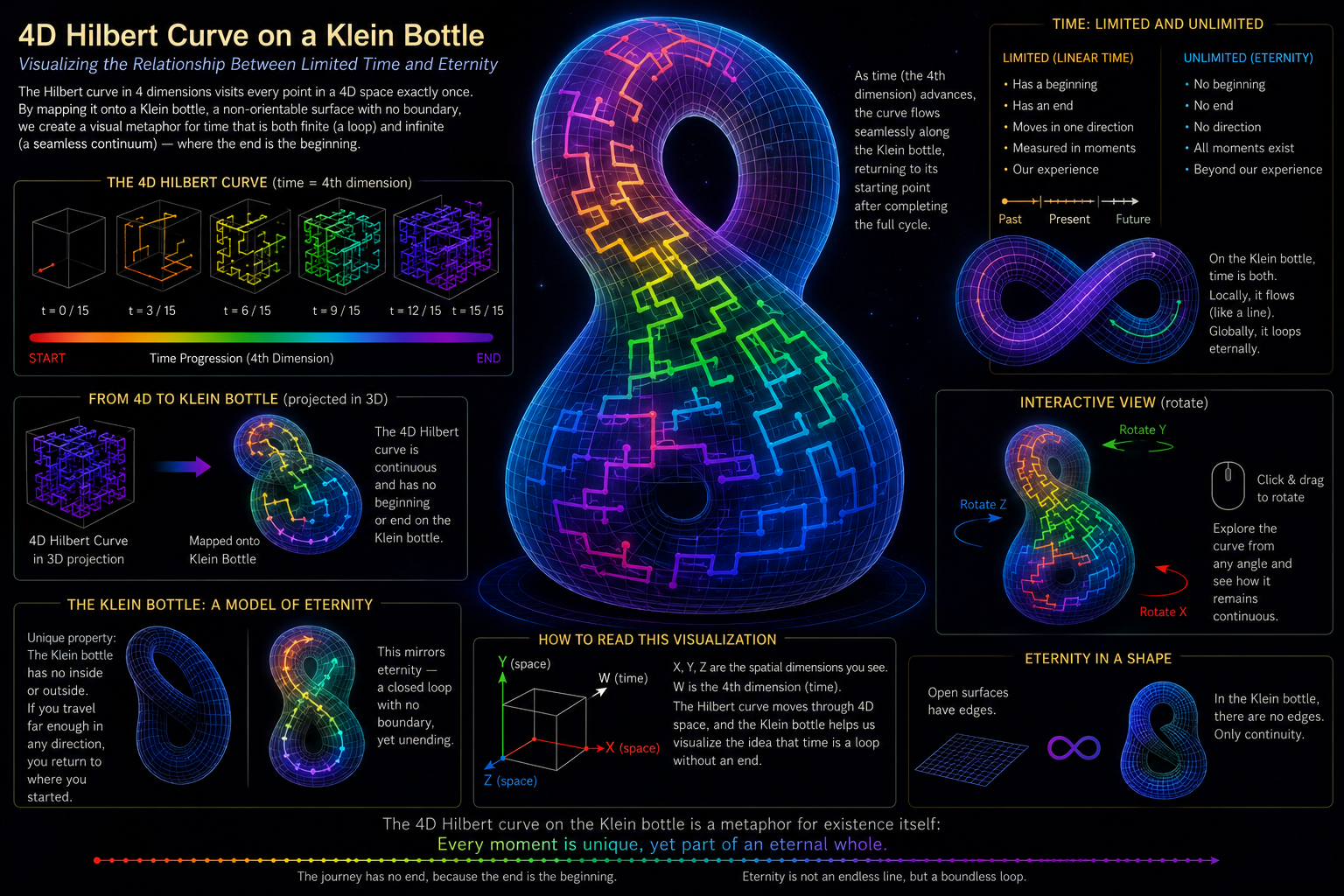 Infographic: a 4D Hilbert curve mapped onto a Klein bottle, visualising the relationship between limited time and eternity — the curve flows seamlessly along the bottle's surface, returning to its starting point after completing the full cycle